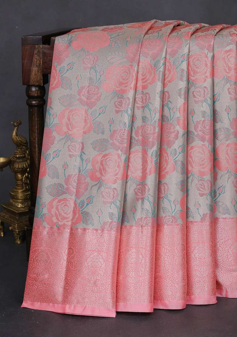 Bangalori Tissue Silk Saree Pastel Grey And Peach Pink With Zari Woven Floral Design Brocade Pattern And Zari With Buttas And Brocade Design For Women - Indya