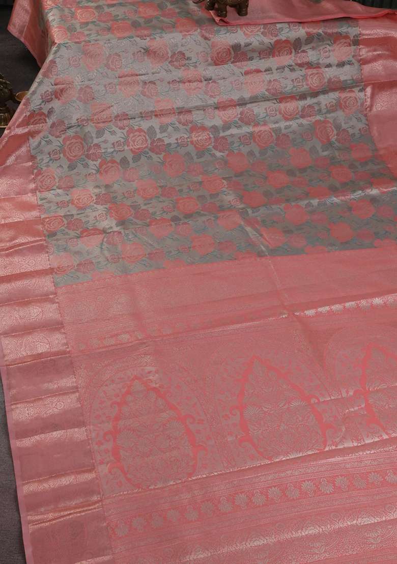 Bangalori Tissue Silk Saree Pastel Grey And Peach Pink With Zari Woven Floral Design Brocade Pattern And Zari With Buttas And Brocade Design For Women - Indya
