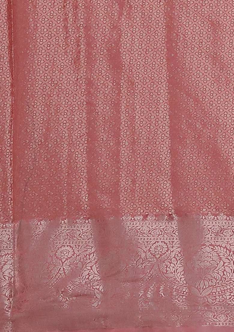 Bangalori Tissue Silk Saree Pastel Grey And Peach Pink With Zari Woven Floral Design Brocade Pattern And Zari With Buttas And Brocade Design For Women - Indya