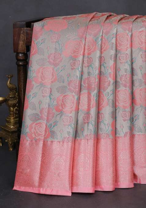 Bangalori Tissue Silk Saree Pastel Grey And Peach Pink With Zari Woven Floral Design Brocade Pattern And Zari With Buttas And Brocade Design For Women