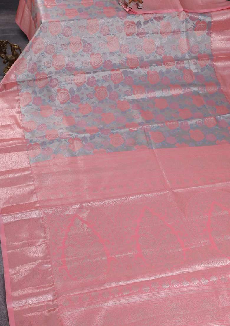 Bangalori Tissue Silk Saree Grey And Peach Pink With Zari Woven Floral Design Brocade Pattern And Zari Woven With Buttas And Brocade Design For Women - Indya