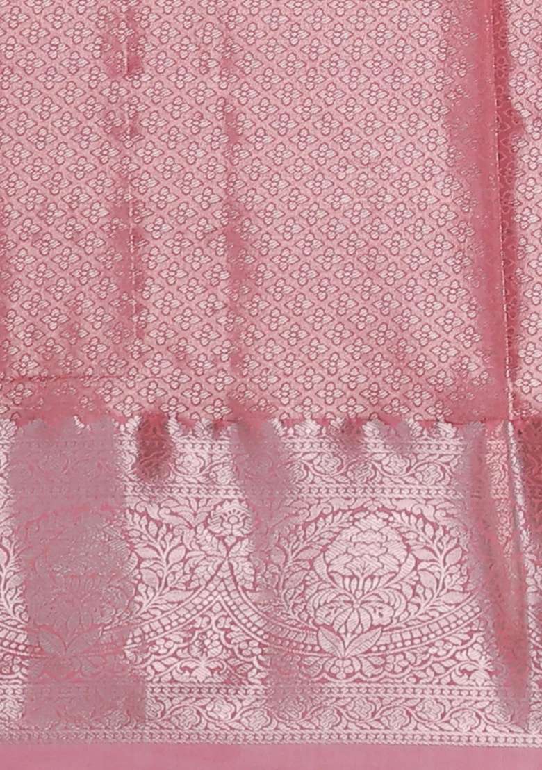 Bangalori Tissue Silk Saree Grey And Peach Pink With Zari Woven Floral Design Brocade Pattern And Zari Woven With Buttas And Brocade Design For Women - Indya