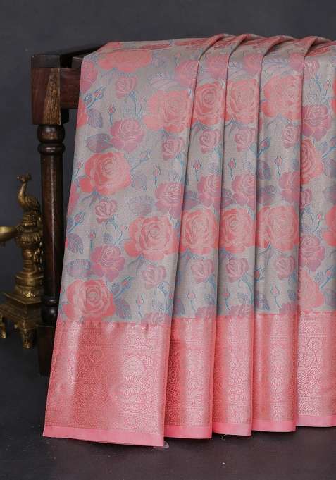 Bangalori Tissue Silk Saree Grey And Peach Pink With Zari Woven Floral Design Brocade Pattern And Zari Woven With Buttas And Brocade Design For Women