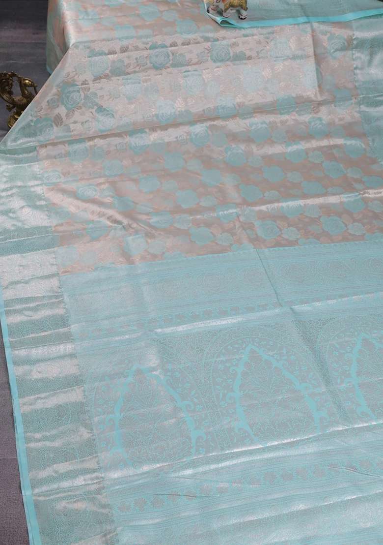 Bangalori Tissue Silk Saree Grey And Teal Blue With Zari Woven Floral Design Brocade Pattern And Zari Woven With Buttas And Brocade Design For Women - Indya