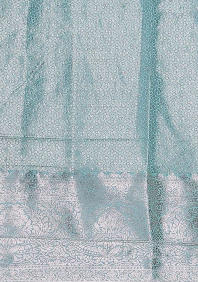Bangalori Tissue Silk Saree Grey And Teal Blue With Zari Woven Floral Design Brocade Pattern And Zari Woven With Buttas And Brocade Design For Women - Indya