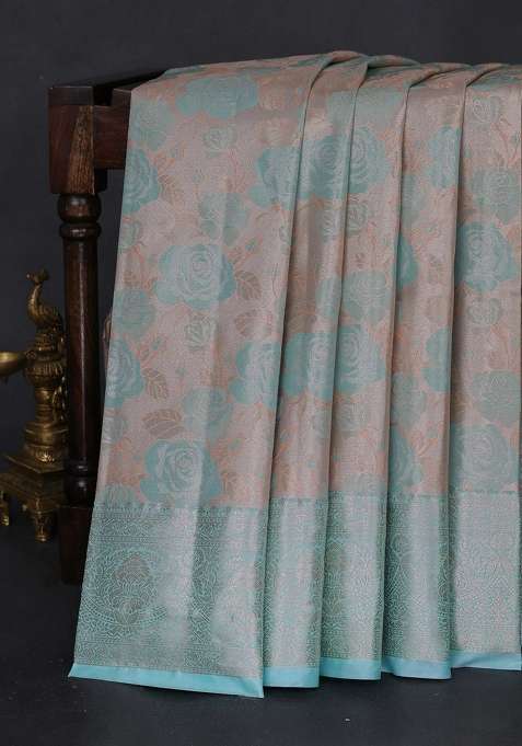 Bangalori Tissue Silk Saree Grey And Teal Blue With Zari Woven Floral Design Brocade Pattern And Zari Woven With Buttas And Brocade Design For Women
