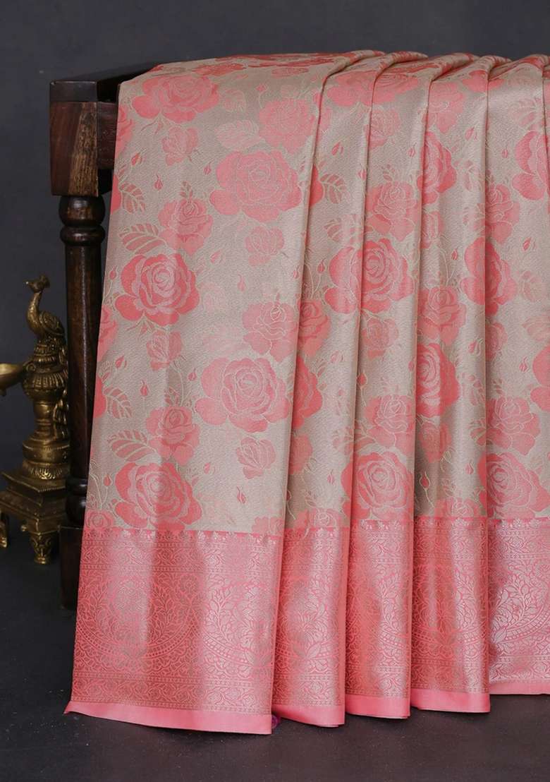 Bangalori Tissue Silk Saree Beige And Peach Pink With Zari Woven Floral Design Brocade Pattern And Zari Woven With Buttas And Brocade Design For Women - Indya
