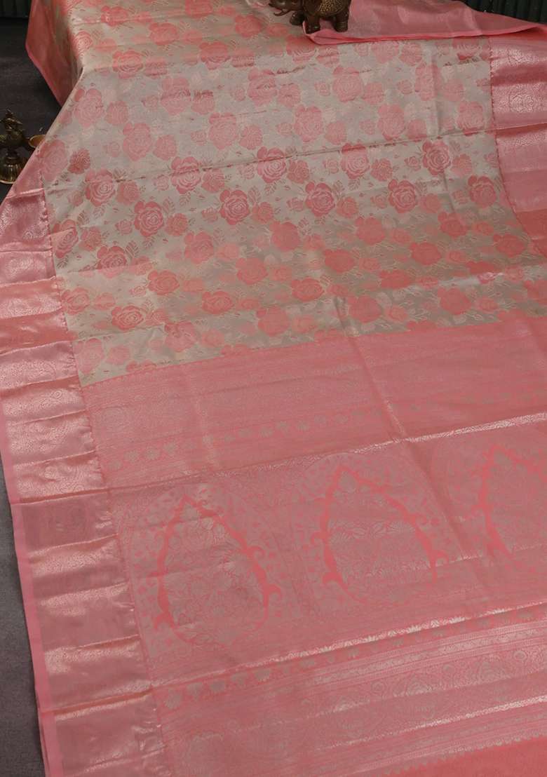 Bangalori Tissue Silk Saree Beige And Peach Pink With Zari Woven Floral Design Brocade Pattern And Zari Woven With Buttas And Brocade Design For Women - Indya
