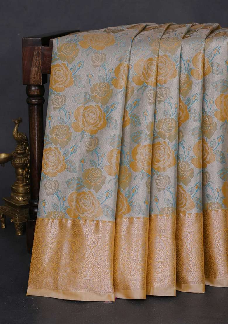Bangalori Tissue Silk Saree Grey And Mustard Yellow With Zari Woven Floral Design Brocade Pattern And Zari With Buttas And Brocade Design For Women - Indya