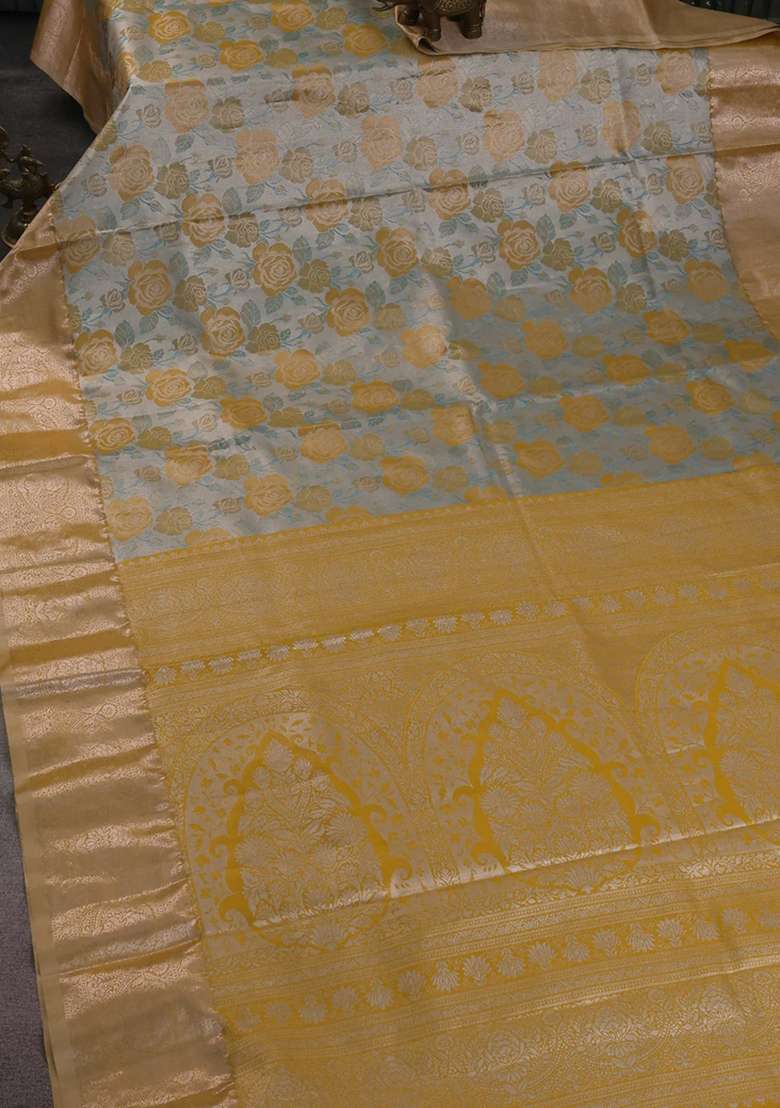 Bangalori Tissue Silk Saree Grey And Mustard Yellow With Zari Woven Floral Design Brocade Pattern And Zari With Buttas And Brocade Design For Women - Indya