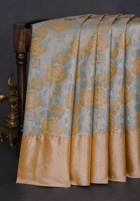 Bangalori Tissue Silk Saree Grey And Mustard Yellow With Zari Woven Floral Design Brocade Pattern And Zari With Buttas And Brocade Design For Women