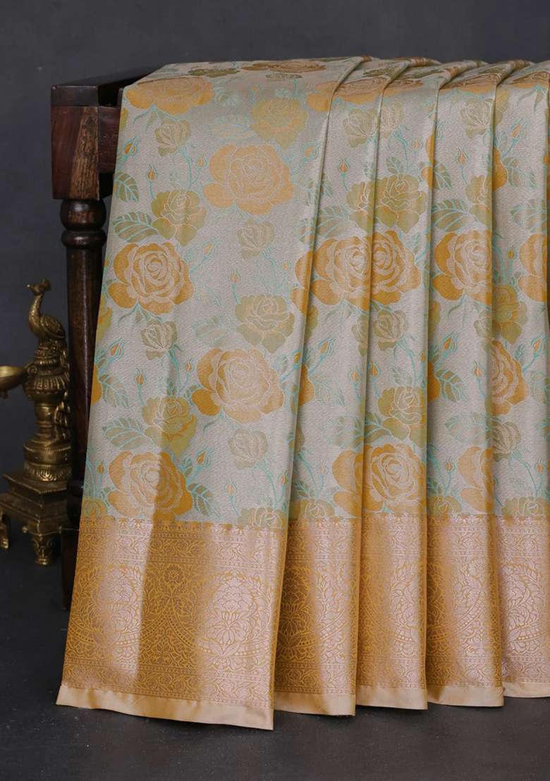 Bangalori Tissue Silk Saree Silver And Mustard Yellow With Zari Woven Floral Design Brocade Pattern And Zari With Buttas And Brocade Design For Women - Indya