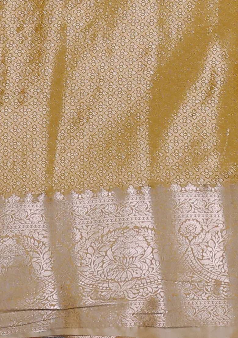 Bangalori Tissue Silk Saree Silver And Mustard Yellow With Zari Woven Floral Design Brocade Pattern And Zari With Buttas And Brocade Design For Women - Indya