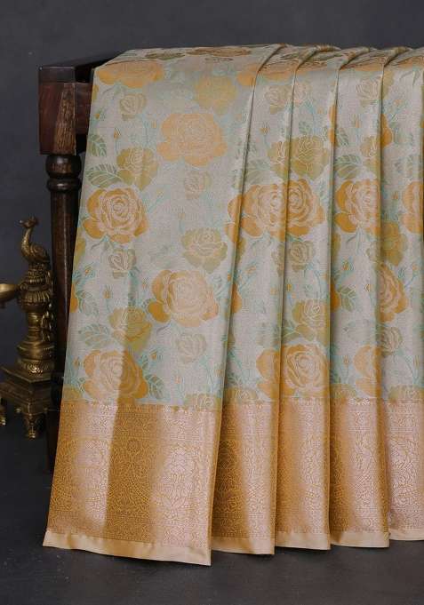 Bangalori Tissue Silk Saree Silver And Mustard Yellow With Zari Woven Floral Design Brocade Pattern And Zari With Buttas And Brocade Design For Women
