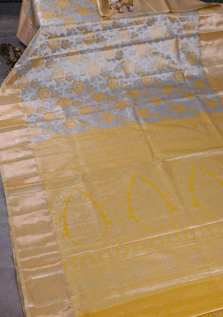 Bangalori Tissue Silk Saree Silver And Mustard Yellow With Zari Woven Floral Design Brocade Pattern And Zari With Buttas And Brocade Design For Women - Indya