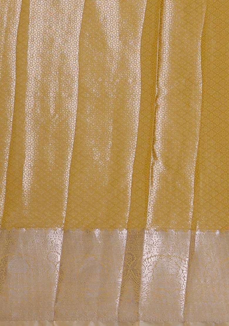 Bangalori Tissue Silk Saree Silver And Mustard Yellow With Zari Woven Floral Design Brocade Pattern And Zari With Buttas And Brocade Design For Women - Indya