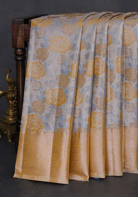 Bangalori Tissue Silk Saree Silver And Mustard Yellow With Zari Woven Floral Design Brocade Pattern And Zari With Buttas And Brocade Design For Women