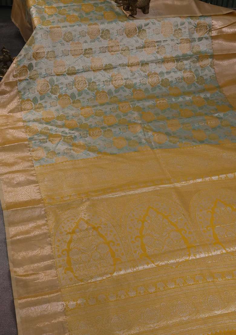 Bangalori Tissue Silk Saree Beige And Mustard Yellow With Zari Woven Floral Design Brocade Pattern And Zari With Buttas And Brocade Design For Women - Indya