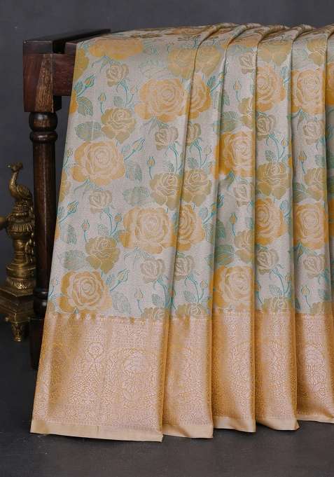 Bangalori Tissue Silk Saree Beige And Mustard Yellow With Zari Woven Floral Design Brocade Pattern And Zari With Buttas And Brocade Design For Women