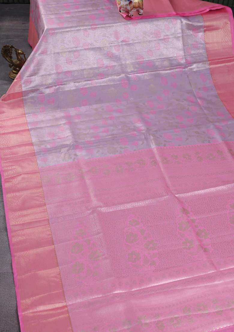 Bangalori Tissue Silk Saree Pastel Lavender And Light Pink With Zari Woven Floral Design Brocade Pattern And With Buttas And Brocade Design For Women - Indya