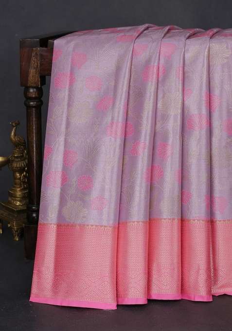 Bangalori Tissue Silk Saree Pastel Lavender And Light Pink With Zari Woven Floral Design Brocade Pattern And With Buttas And Brocade Design For Women