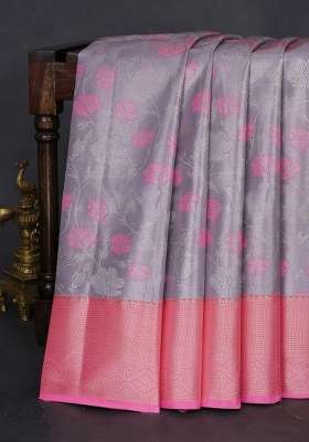 Bangalori Tissue Silk Saree Pastel Lavender And Peach Pink With Zari Woven Floral Design Brocade Pattern And With Buttas And Brocade Design For Women