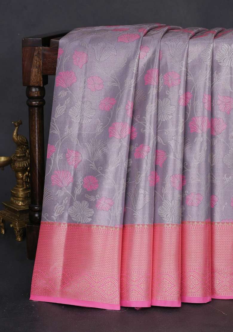 Bangalori Tissue Silk Saree Pastel Lavender And Peach Pink With Zari Woven Floral Design Brocade Pattern And With Buttas And Brocade Design For Women - Indya