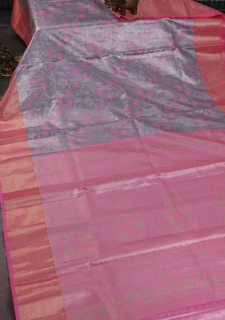 Bangalori Tissue Silk Saree Pastel Lavender And Peach Pink With Zari Woven Floral Design Brocade Pattern And With Buttas And Brocade Design For Women - Indya