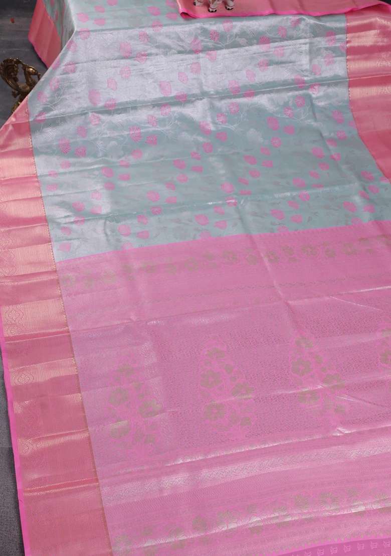 Bangalori Tissue Silk Saree Teal Blue And Light Pink With Zari Woven Floral Design Brocade Pattern And Zari With Buttas And Brocade Design For Women - Indya