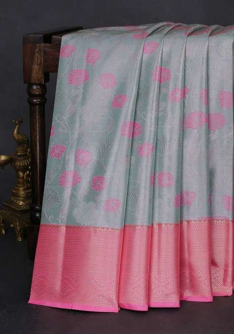 Bangalori Tissue Silk Saree Teal Blue And Light Pink With Zari Woven Floral Design Brocade Pattern And Zari With Buttas And Brocade Design For Women
