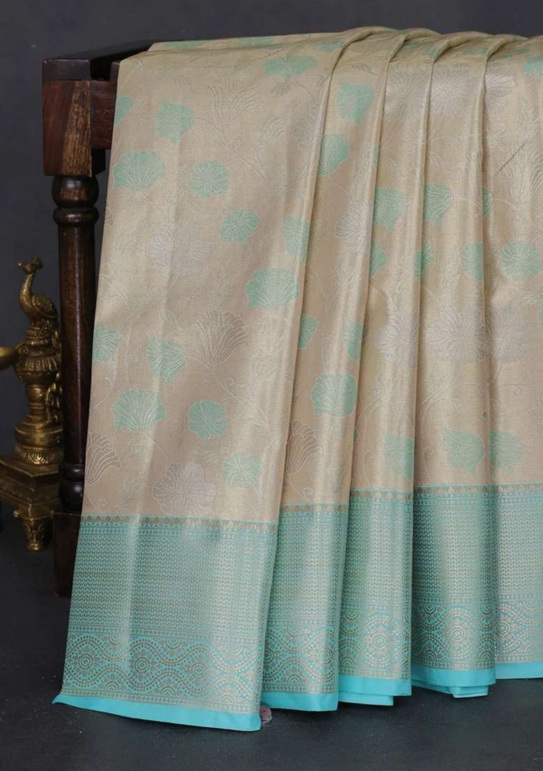 Bangalori Tissue Silk Saree Beige And Teal Blue With Zari Woven Floral Design Brocade Pattern And Zari Woven With Buttas And Brocade Design For Women - Indya