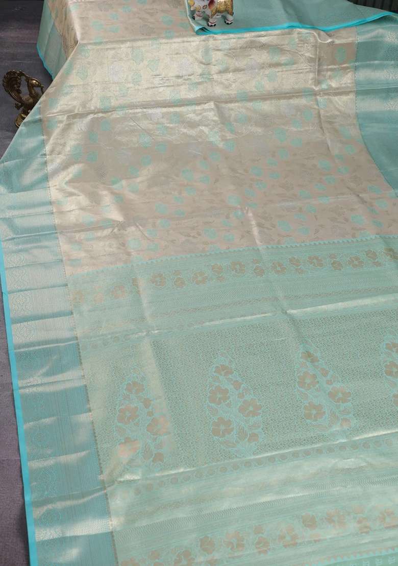 Bangalori Tissue Silk Saree Beige And Teal Blue With Zari Woven Floral Design Brocade Pattern And Zari Woven With Buttas And Brocade Design For Women - Indya