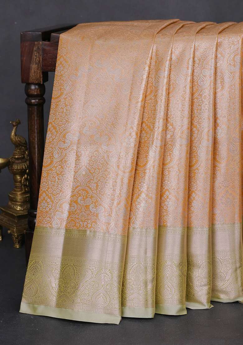 Bangalori Tissue Silk Saree Pale Orange And Mild Pista Green With Silver Zari Woven Brocade Weaves And Zari With Buttas And Brocade Design For Women - Indya