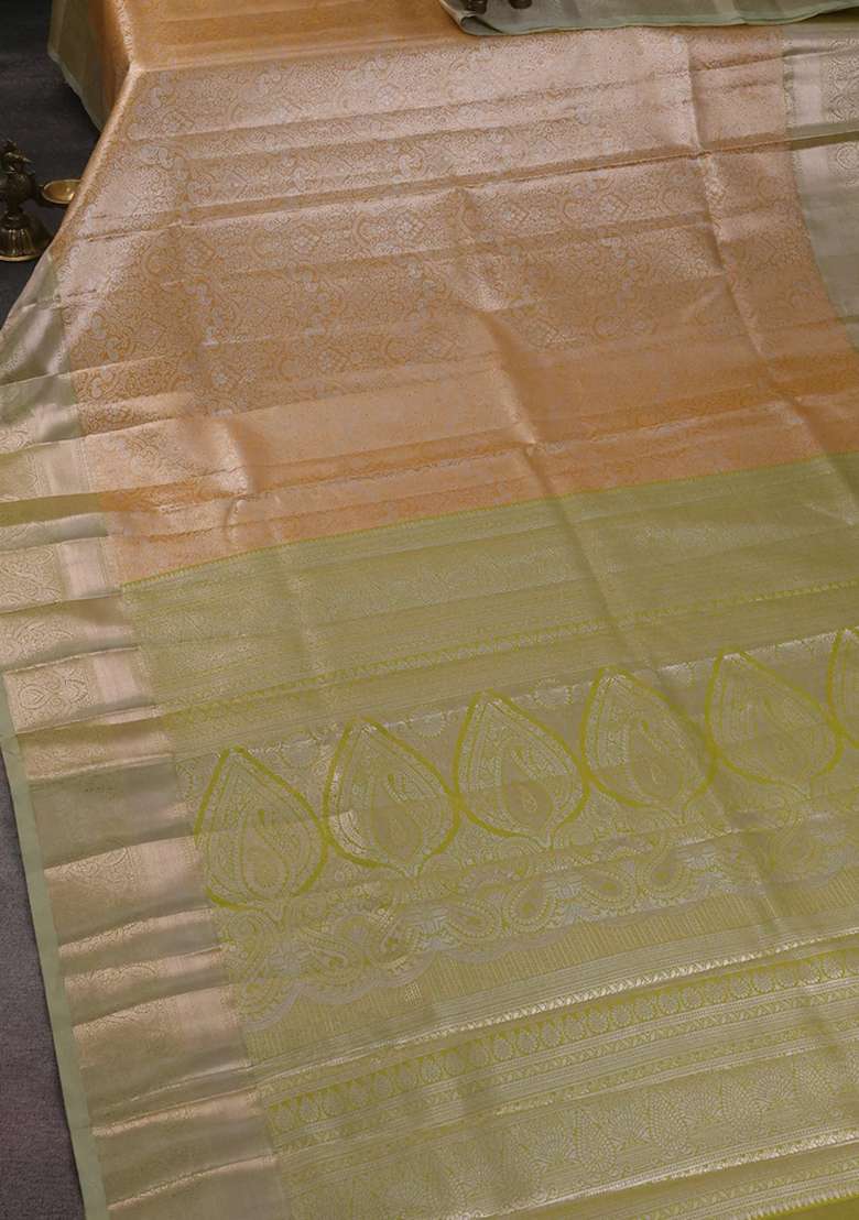 Bangalori Tissue Silk Saree Pale Orange And Mild Pista Green With Silver Zari Woven Brocade Weaves And Zari With Buttas And Brocade Design For Women - Indya