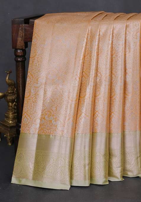 Bangalori Tissue Silk Saree Pale Orange And Mild Pista Green With Silver Zari Woven Brocade Weaves And Zari With Buttas And Brocade Design For Women