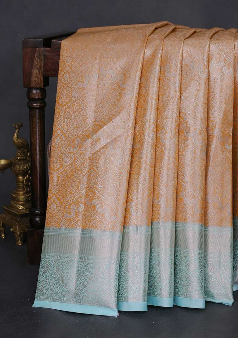 Bangalori Tissue Silk Saree Mustard Yellow And Teal Blue With Silver Zari Woven Brocade Weaves And Zari Woven With Buttas And Brocade Design For Women - Indya