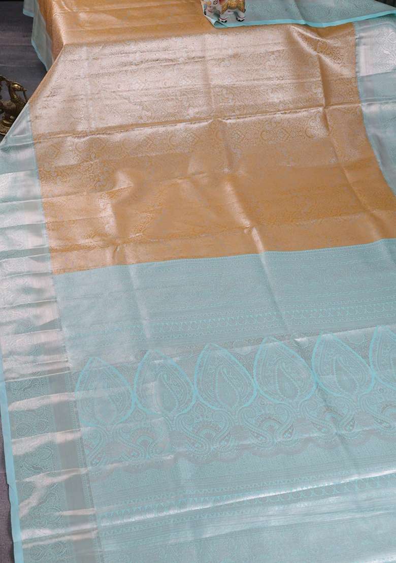 Bangalori Tissue Silk Saree Mustard Yellow And Teal Blue With Silver Zari Woven Brocade Weaves And Zari Woven With Buttas And Brocade Design For Women - Indya