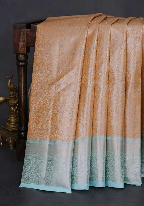 Bangalori Tissue Silk Saree Mustard Yellow And Teal Blue With Silver Zari Woven Brocade Weaves And Zari Woven With Buttas And Brocade Design For Women
