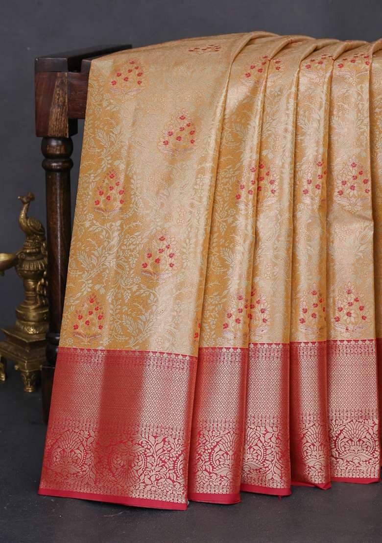 Bangalori Tissue Silk Saree Sandal And Maroon With Zari Woven Brocade Weaves And Zari Woven Border With Buttas And Brocade Design For Women - Indya