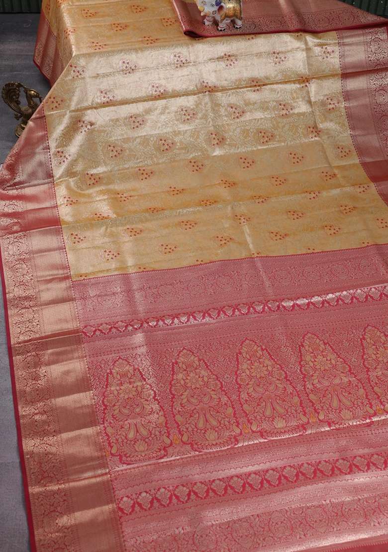 Bangalori Tissue Silk Saree Sandal And Maroon With Zari Woven Brocade Weaves And Zari Woven Border With Buttas And Brocade Design For Women - Indya