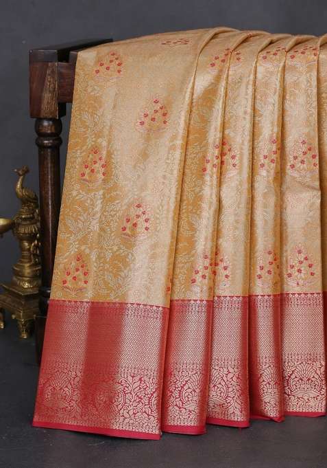 Bangalori Tissue Silk Saree Sandal And Maroon With Zari Woven Brocade Weaves And Zari Woven Border With Buttas And Brocade Design For Women