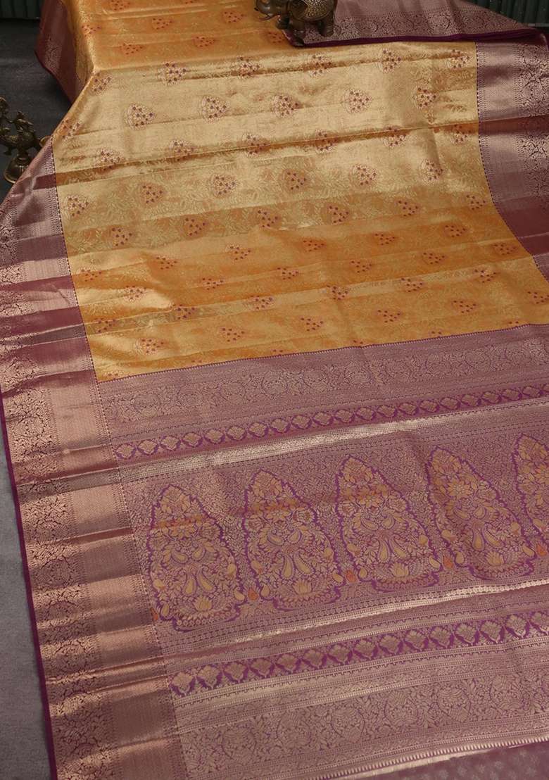 Bangalori Tissue Silk Saree Pale Orange And Wine Shade With Zari Woven Brocade Weaves And Zari Woven Border With Buttas And Brocade Design For Women - Indya