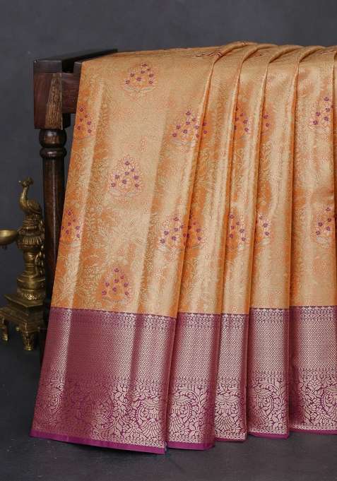 Bangalori Tissue Silk Saree Pale Orange And Wine Shade With Zari Woven Brocade Weaves And Zari Woven Border With Buttas And Brocade Design For Women