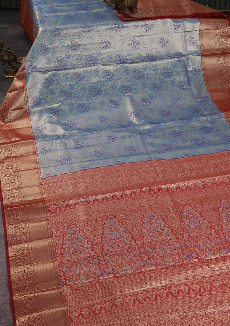 Bangalori Tissue Silk Saree Pastel Blue And Maroon With Zari Woven Brocade Weaves And Zari Woven Border With Buttas And Brocade Design For Women - Indya