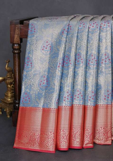 Bangalori Tissue Silk Saree Pastel Blue And Maroon With Zari Woven Brocade Weaves And Zari Woven Border With Buttas And Brocade Design For Women