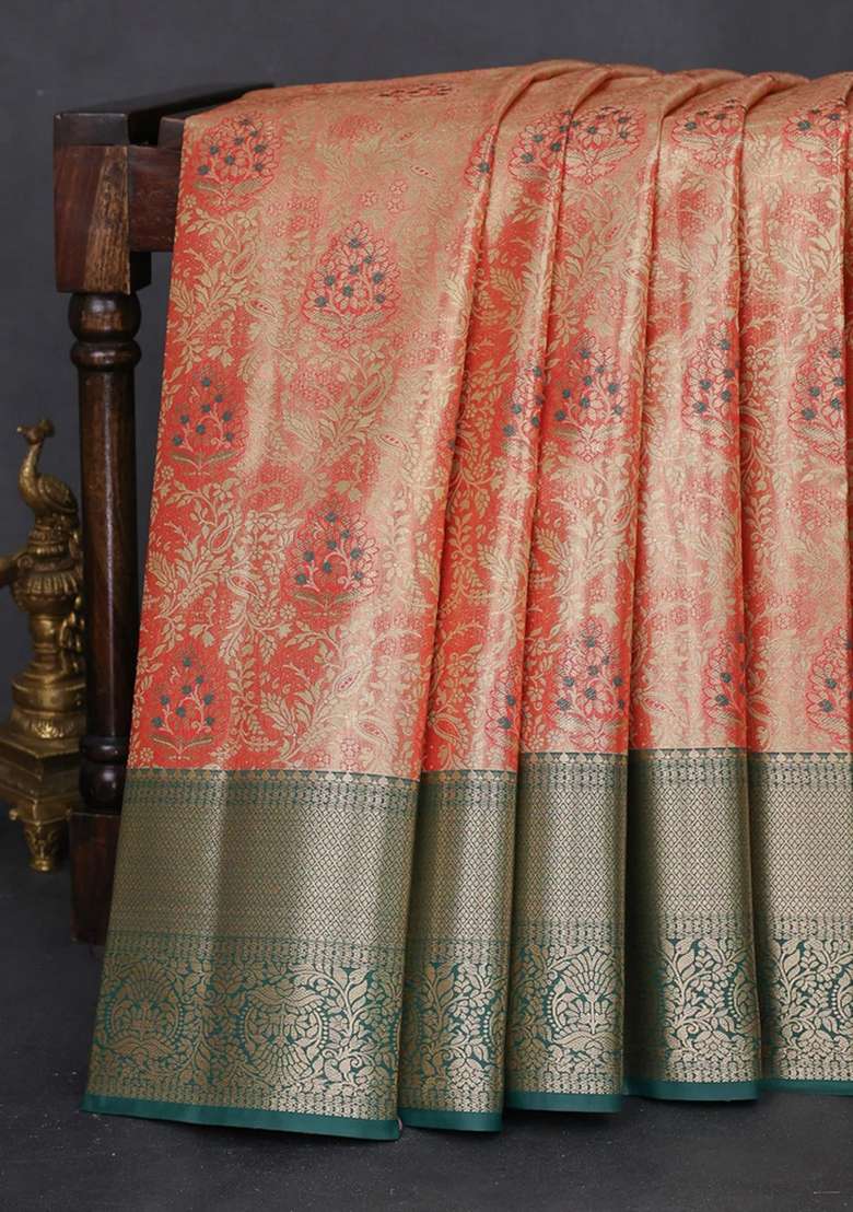 Bangalori Tissue Silk Saree Red Shade And Green With Zari Woven Brocade Weaves And Zari Woven Border With Buttas And Brocade Design For Women - Indya