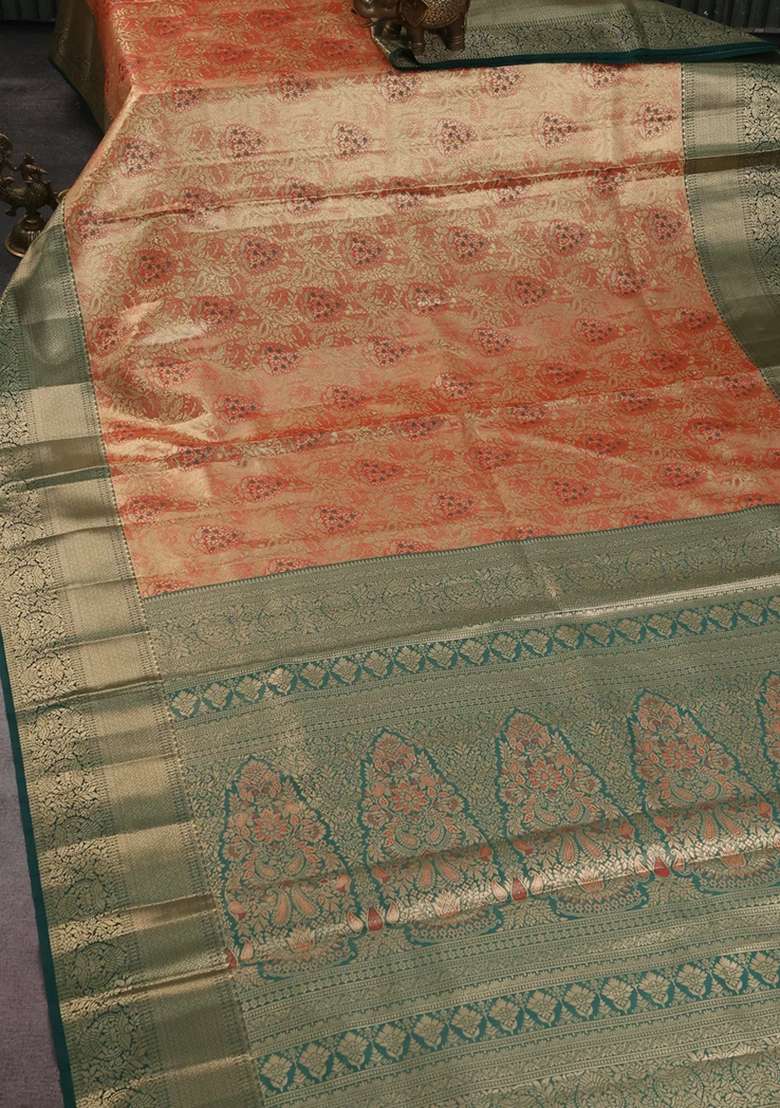 Bangalori Tissue Silk Saree Red Shade And Green With Zari Woven Brocade Weaves And Zari Woven Border With Buttas And Brocade Design For Women - Indya