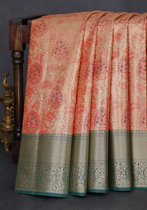 Bangalori Tissue Silk Saree Red Shade And Green With Zari Woven Brocade Weaves And Zari Woven Border With Buttas And Brocade Design For Women