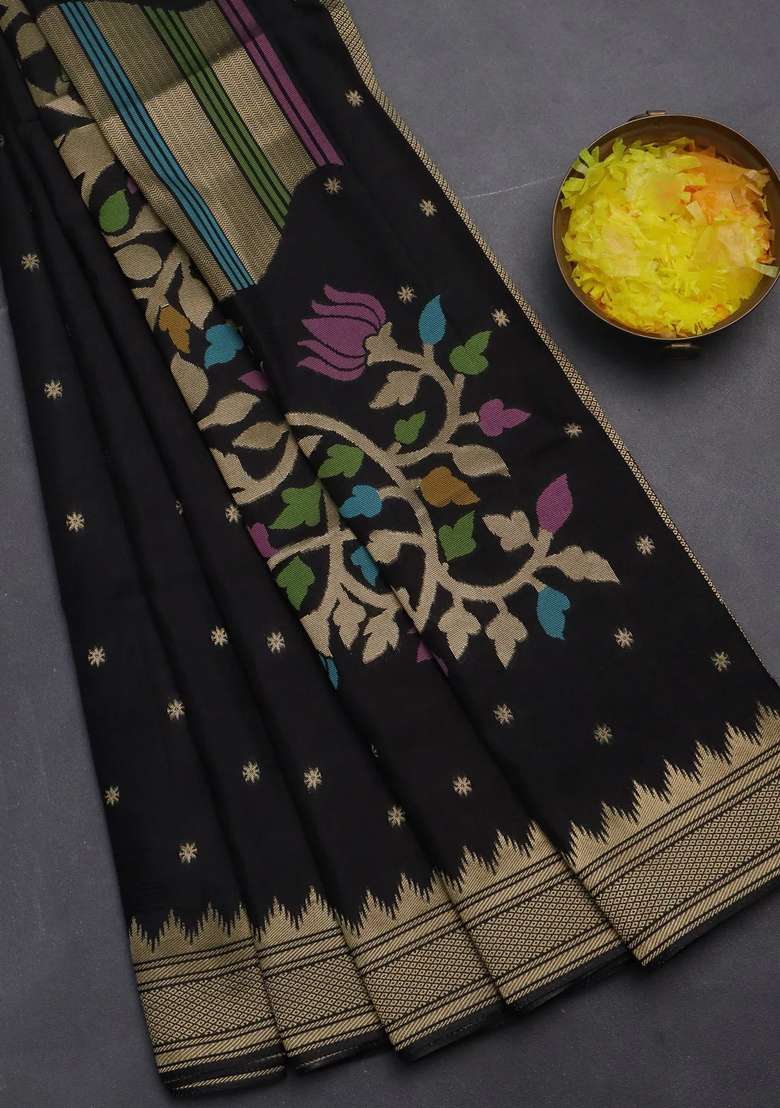 Munga Crepe Silk Saree Black And Pink With Zari Woven Buttas And Rich Thread Zari Woven Pallu With Buttas And Brocade Design For Women - Indya