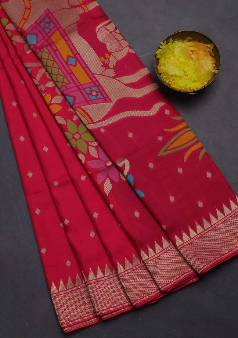 Munga Crepe Silk Saree Pink And Peacock Blue With Zari Woven Buttas And Rich Thread Zari Woven Pallu With Buttas And Brocade Design For Women - Indya